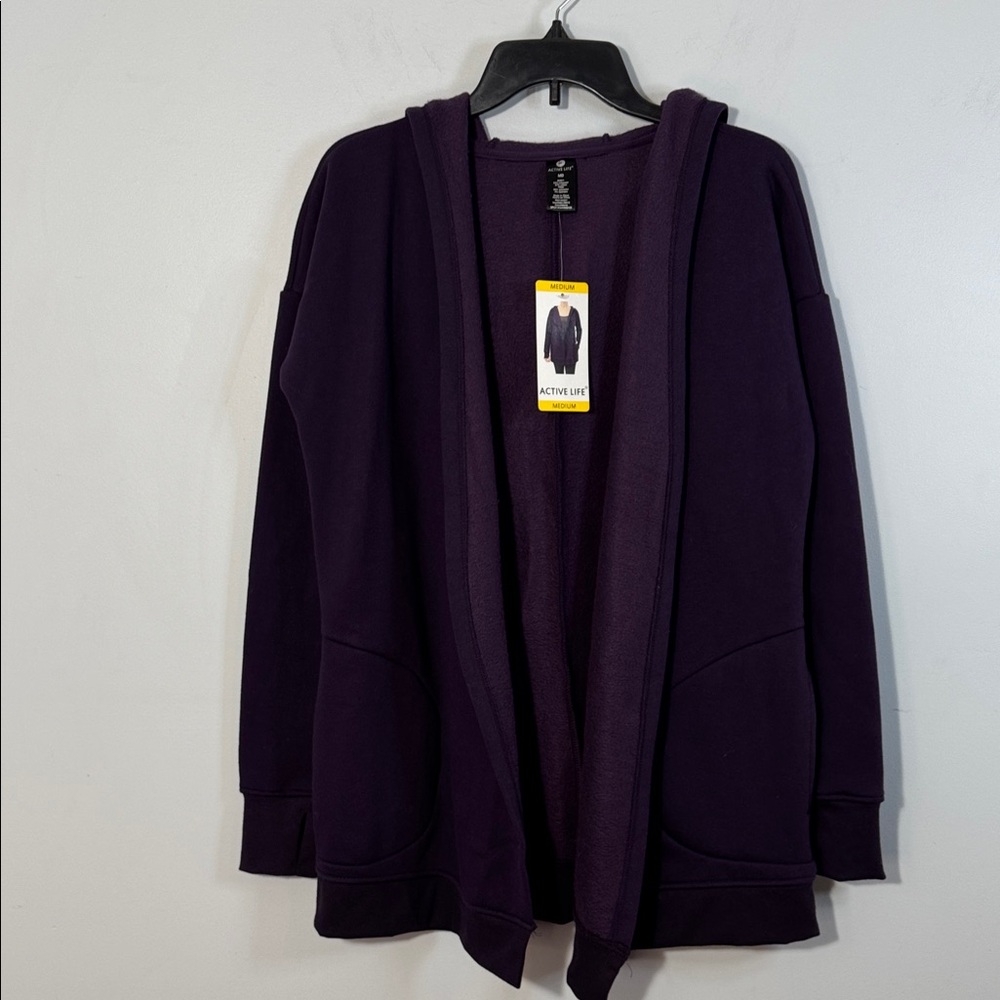 Active Life Jacket Purple Hooded Open Front Fleece Lined in Size M NWT - Picture 3 of 12